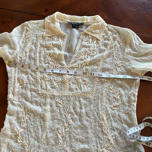 ECI Cream Silk Beaded Blouse Sheer Fancy Woman Size Small Boho Fairy - Picture 9 of 10